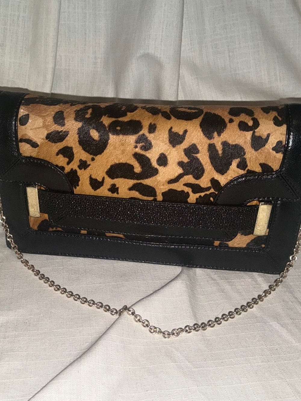 🐆 Antonio Melani Black Leather & Leopard Calf Hair Clutch / Crossbody